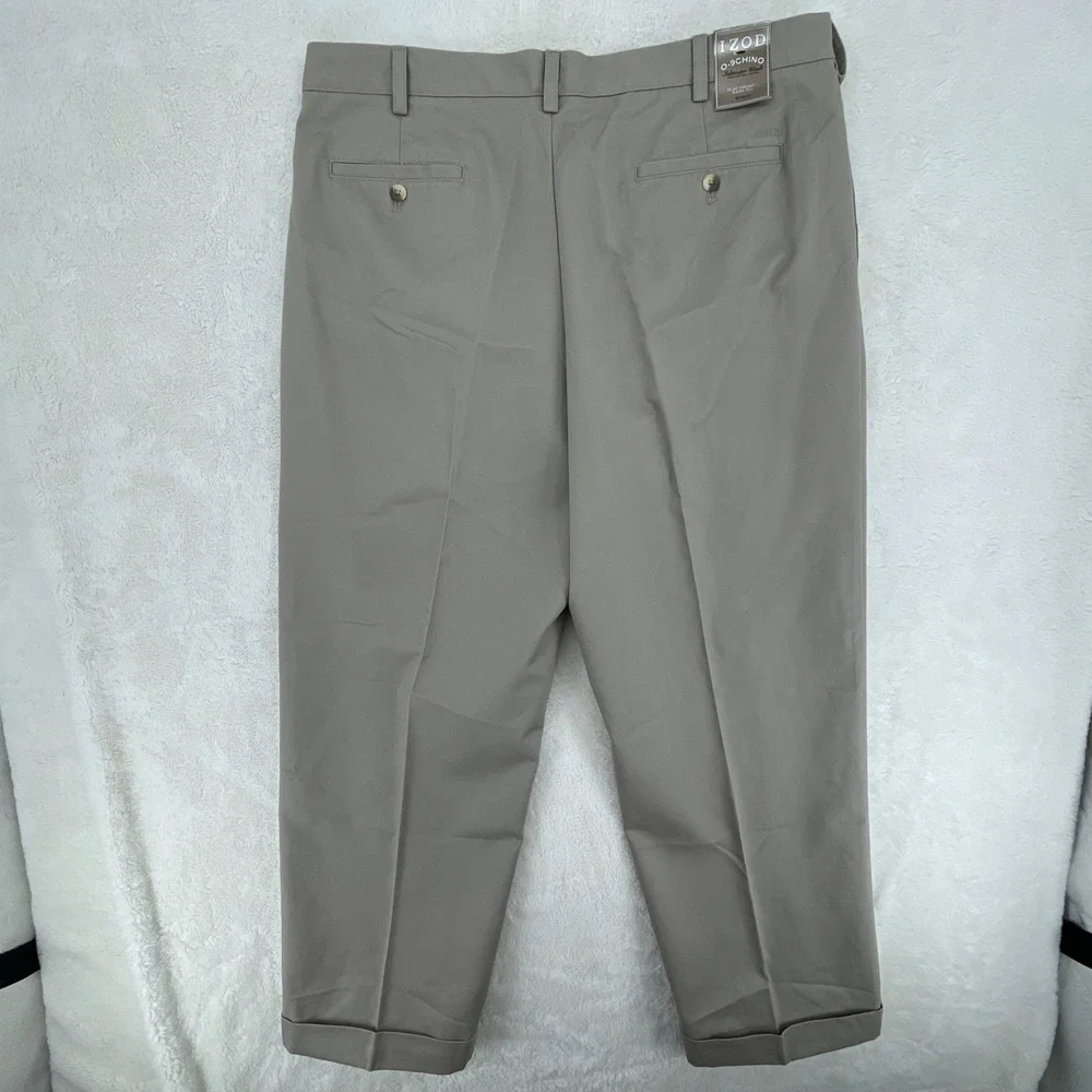 IZOD Slacks Saltwater Double Pleat Cuffed Cotton Chino Pants 38x30 Beige Khakis